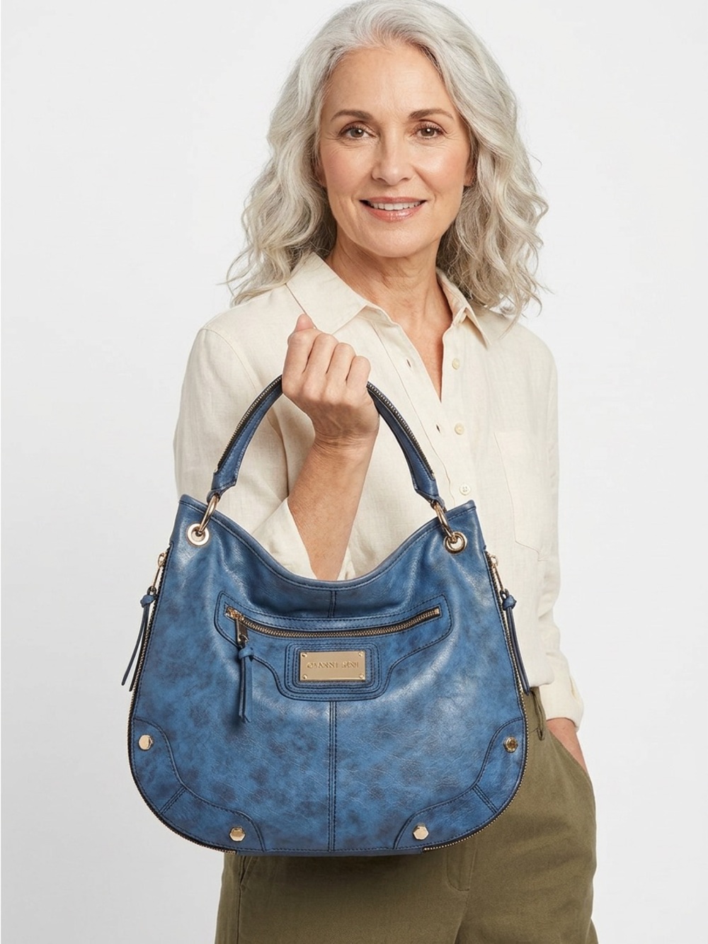 Gianni Bini Blue Pebbled Leather Blue Shoulder Bag with Gold Hardware